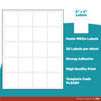 Premium Label Supply White Sticker Square Labels – 2" x 2" – Laser/Inkjet Compatible – (20 per Sheet), 100 Sheets – 2000 Total Adhesive Labels 2000 Labels