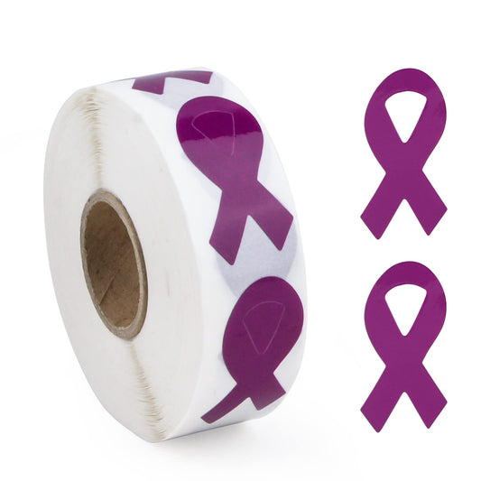WANDIC Purple Ribbon Sticker, 500 Pcs Awareness Stickers Labels Roll Cancer Awareness Ribbon Package Sealing for Event Gift Letter Bags Maroon Purple
