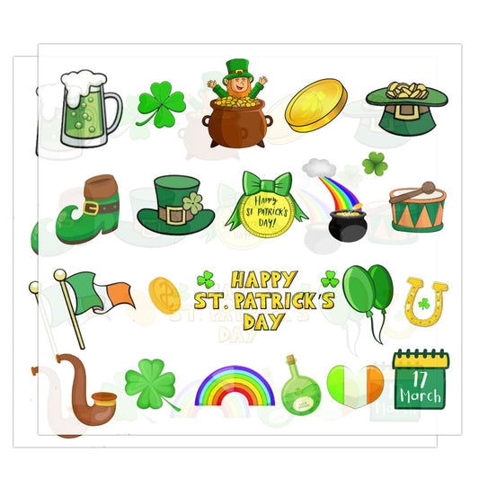 St.Patrick's Day Stickers Rub On Transfer Shamrock Labels for Kids Party Decorations Lucky Shamrock Clover Hat Irish Day Themed Sticker St Patricks Day Window Decal 2 Sheets