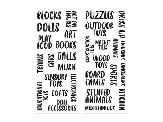 Toy Room Organization Labels Paper Sticker - Adhesive Black and White Photosafe 2 Sheets - 5 x 12 Inches