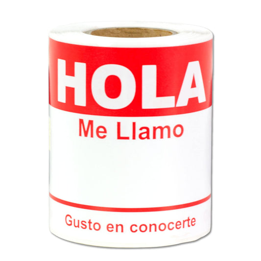Spanish Name Tags (4 x 2.3 inch, Red - 300 Labels) Hola, Me Llamo Badges Stickers for Events, Reunions & Meet and Greets - Fabric Safe