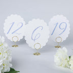 Wedding Table Numbers 1-20 for Wedding Reception with Gold Holders Scalloped Blue