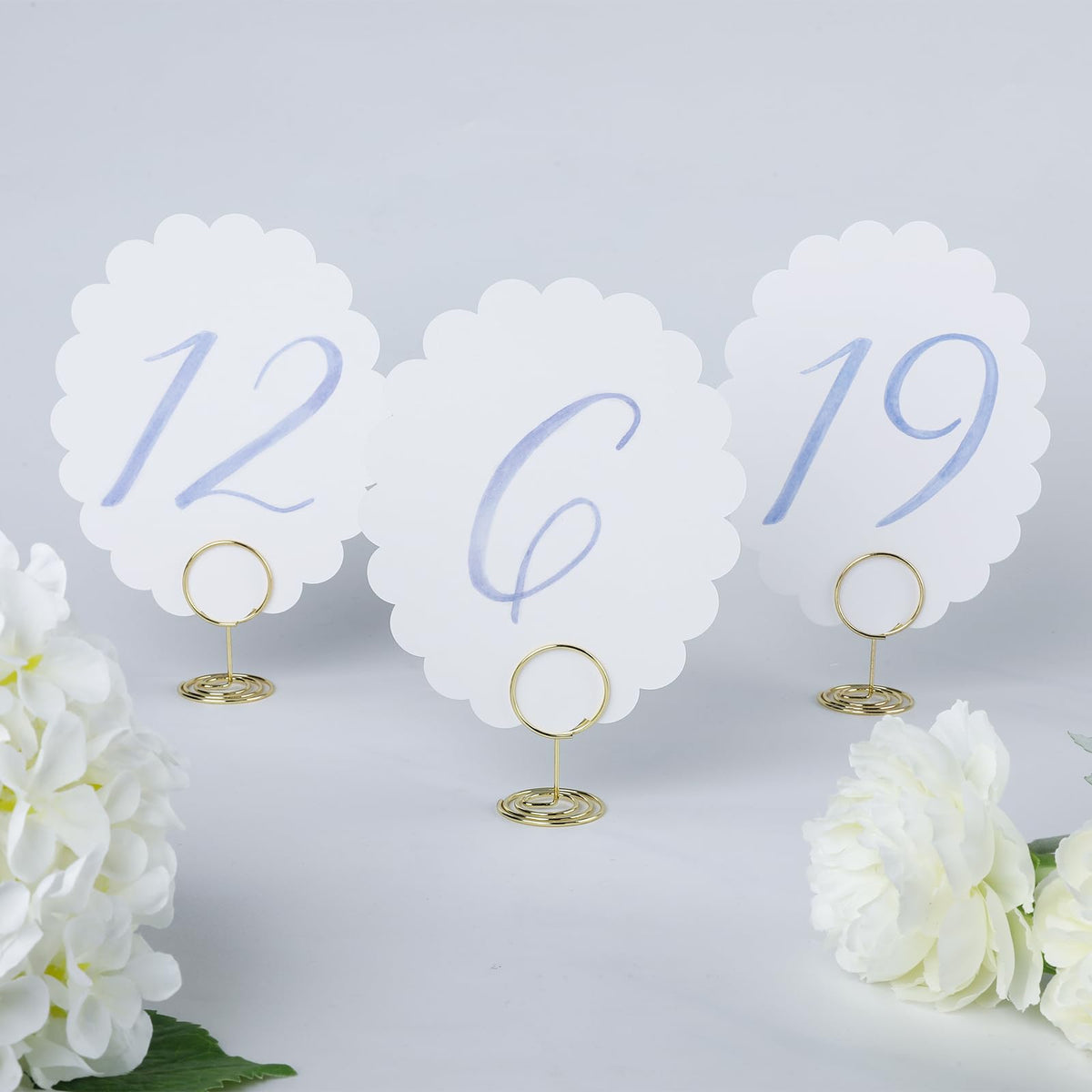 Wedding Table Numbers 1-20 for Wedding Reception with Gold Holders Scalloped Blue