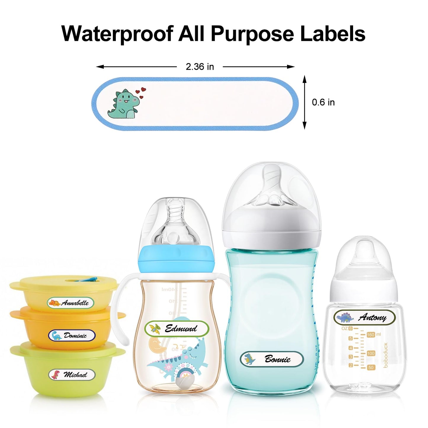 Waterproof Name Labels for Kids School Stuff Supplies - Personalized Dinosaur Name Stickers for Daycare Toddlers Baby Bottle Cups - Stick on Preschool Labels Self Laminating and Washable - Pack of 136