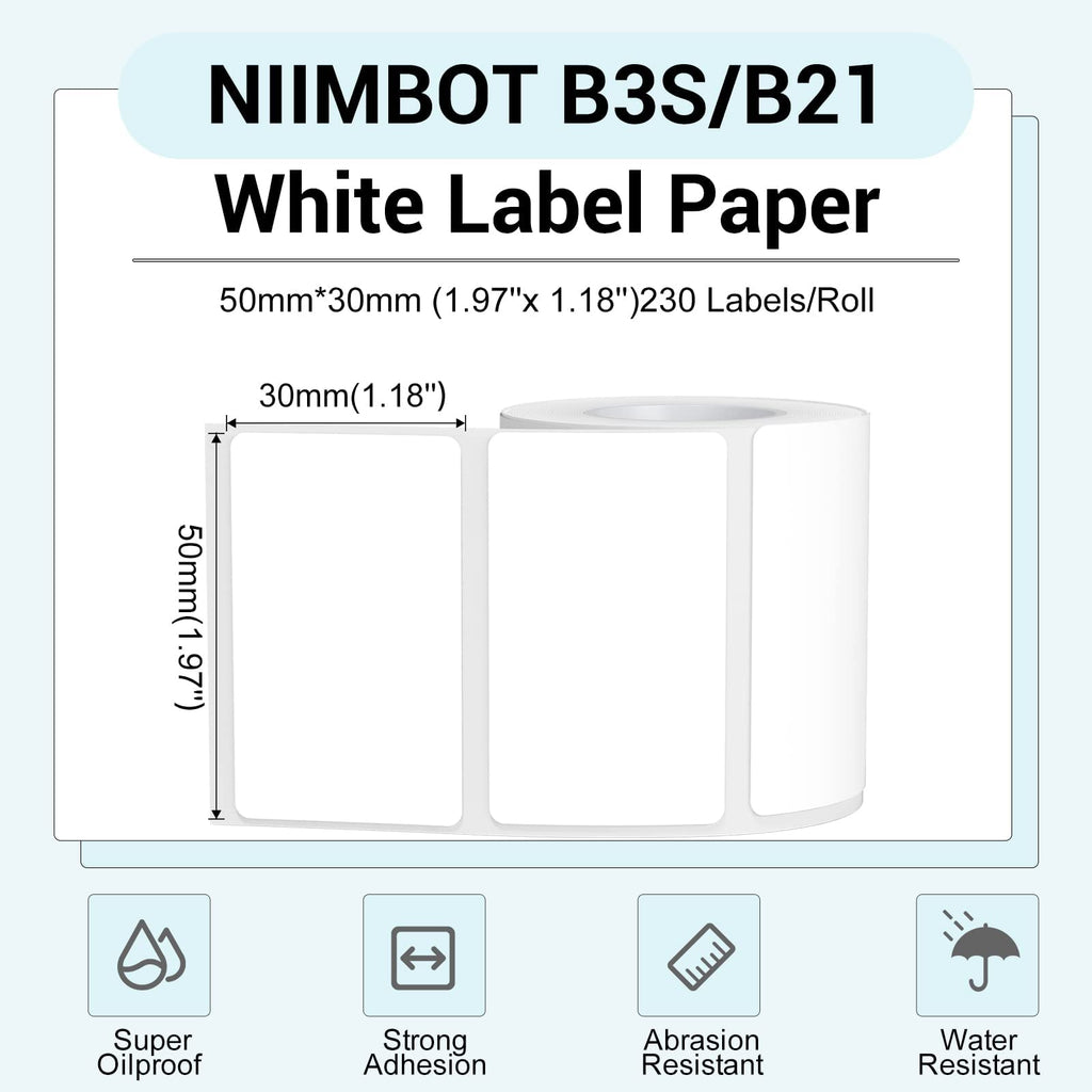 NIIMBOT Thermal Label Maker Paper 50×30 mm 230 Labels/Roll White 3Packs, for B1 B21 B31 B3S K3 Label Maker 3 ROLLS: 50×30mm White
