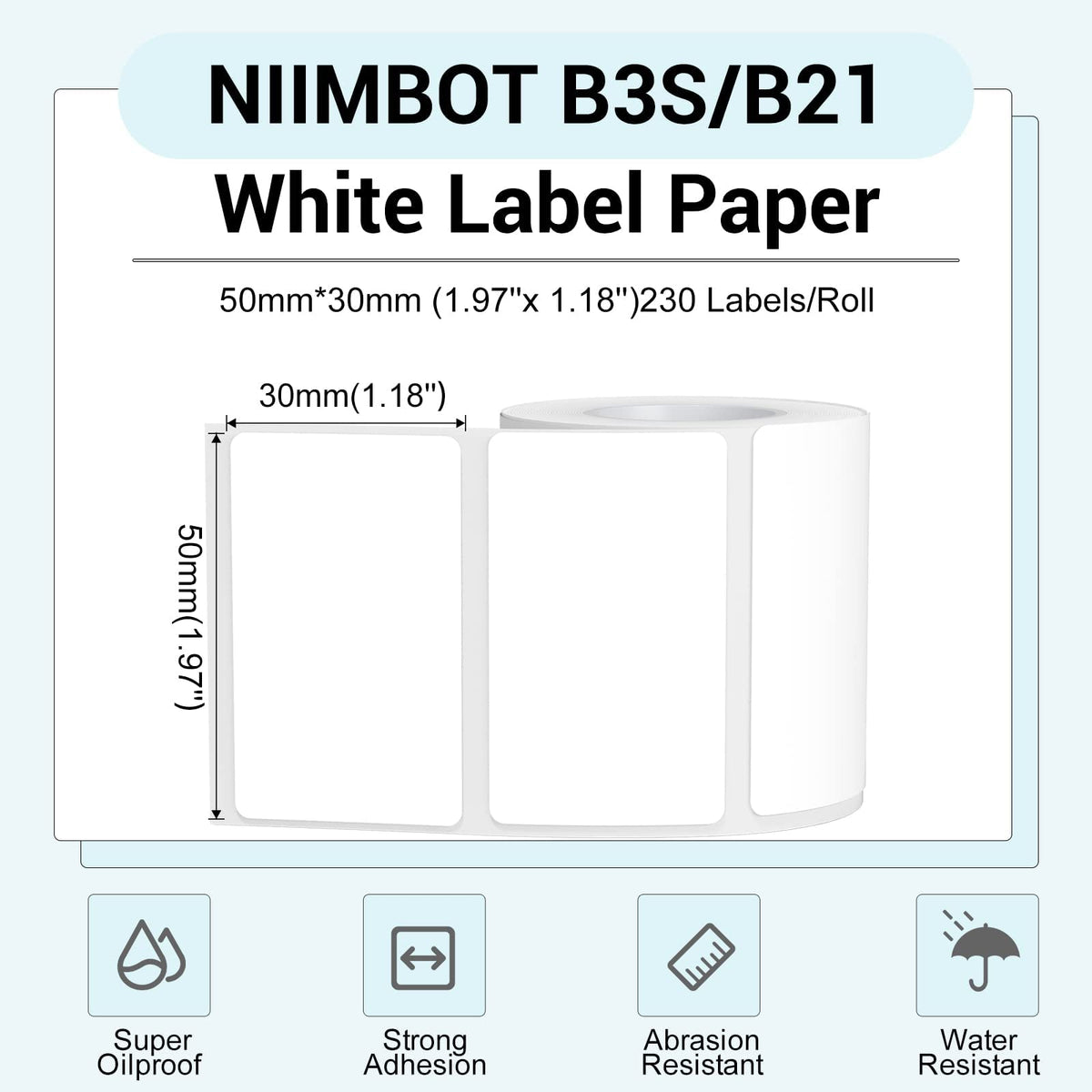 NIIMBOT Thermal Label Maker Paper 50×30 mm 230 Labels/Roll White 3Packs, for B1 B21 B31 B3S K3 Label Maker 3 ROLLS: 50×30mm White