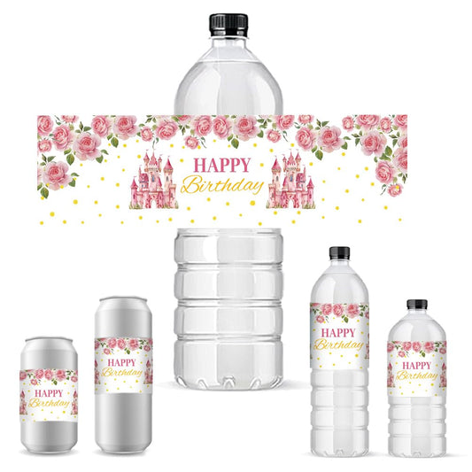 PH PandaHall 30pcs Happy Birthday Water Bottle Labels, Adhesive Bottle Labels Stickers Castle Flowers Waterproof Water Bottle Wraps Party Favor Decorations for Birthday Party, 8.5x2.5 inch