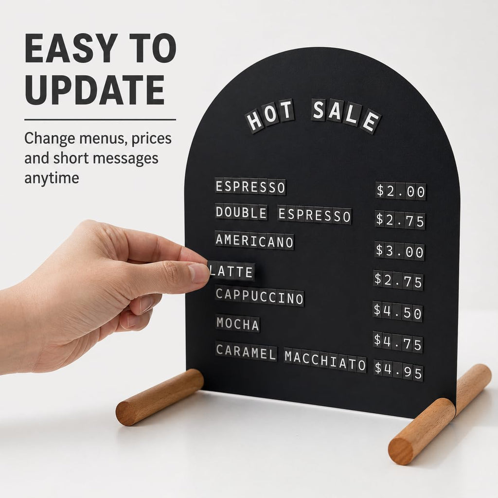Tabletop Menu Display Stand with Magnetic Letters and Writable Board Matte Black Metal A5 Horizontal (11 × 6.7 in)