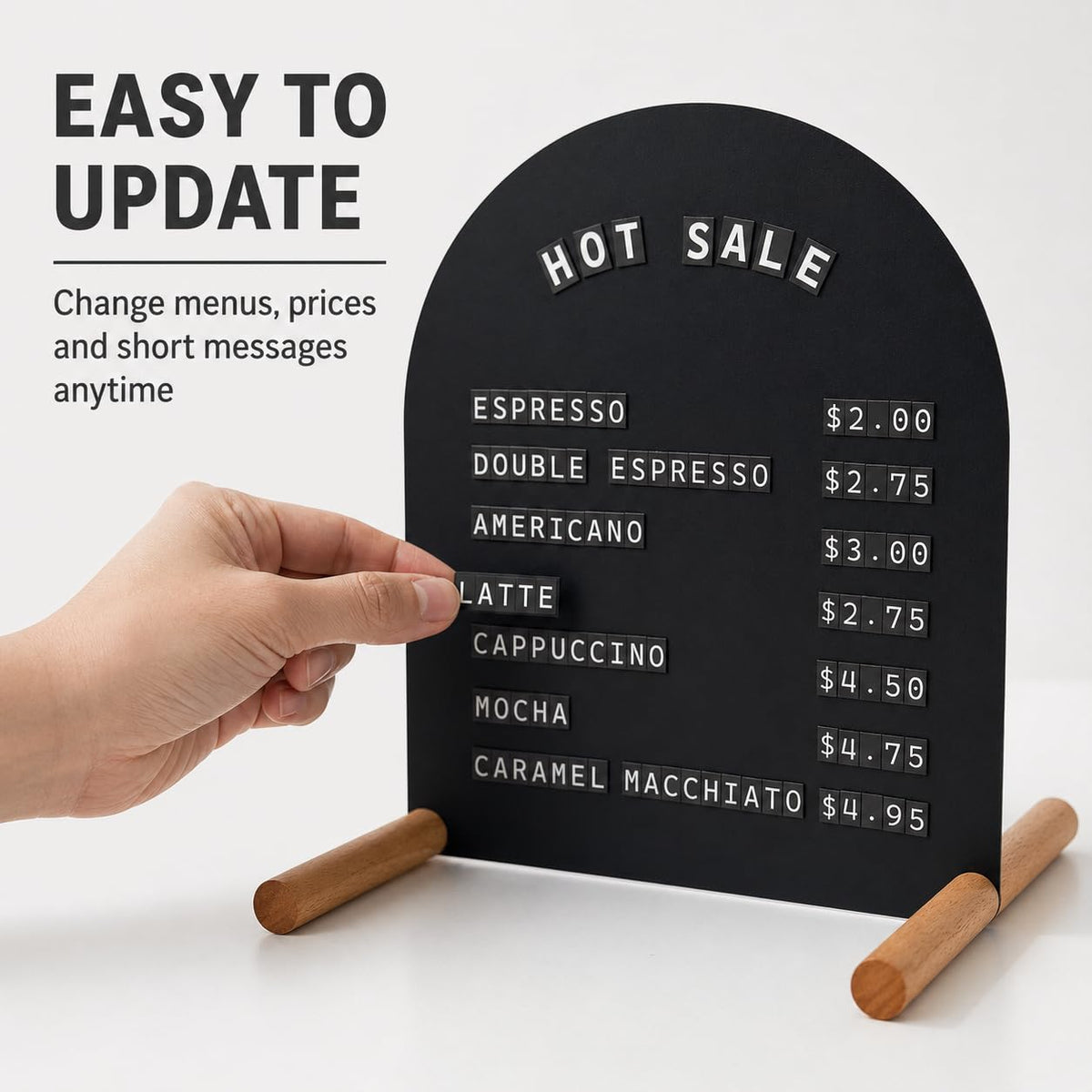 Tabletop Menu Display Stand with Magnetic Letters and Writable Board Matte Black Metal A5 Horizontal (11 × 6.7 in)