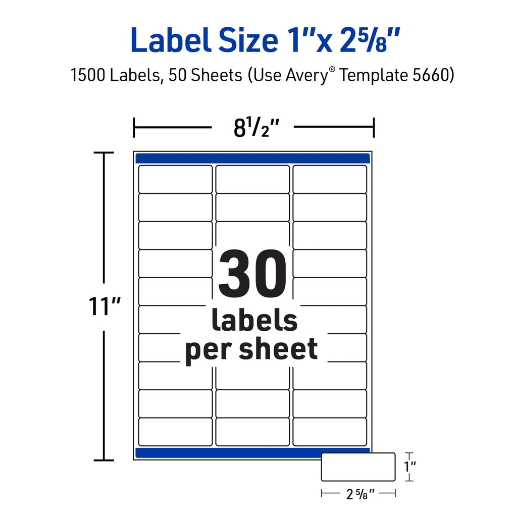 Avery Printable Address Labels with Sure Feed Technology, 1" x 2-5/8", Matte Clear, Compatible with Laser Printers, 1,500 Blank Labels Total, Great for Mailing, Branding, and More (5660) 1" x 2 5/8" 1,500 labels