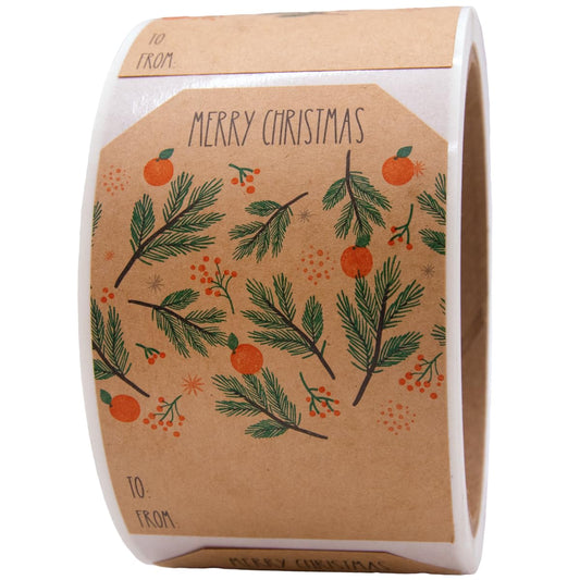 Natural Kraft Orange & Green Christmas Gift Tag Stickers – 2 x 3 Inch Adhesive Labels with Oranges & Fir Tree– 100 Eco-Friendly Labels, Made in USA