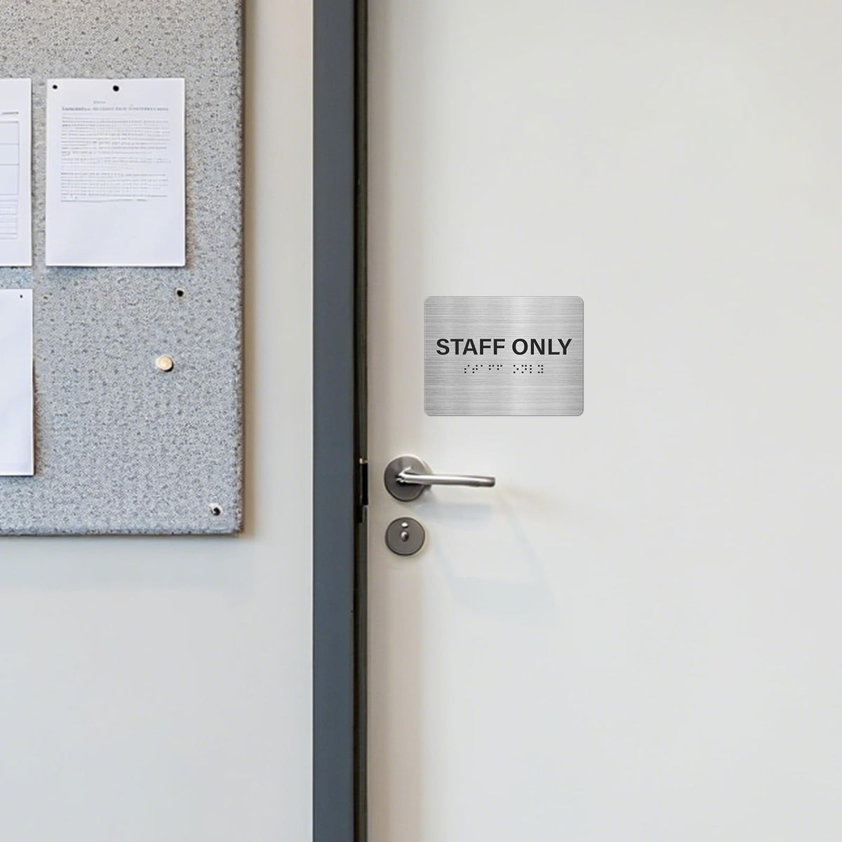 Staff Only Signs 4 Pack 6" x 8" with Braille and Tactile Identification ADA Compliant Siilver Door Sign for Offices Schools Malls Business Kitchen Silver/Black-Staff Only