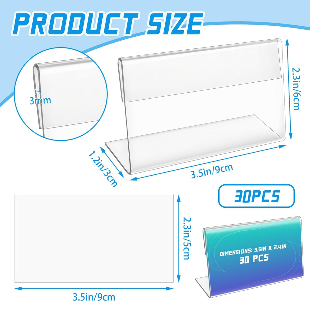 30 Pack Mini Clear Sign Display Holder with Blank Labels,3.5*2.4 Inch Horizontal Slanted L-Shape Plastic Name Card Price Card Tag Label Counter Top Stand