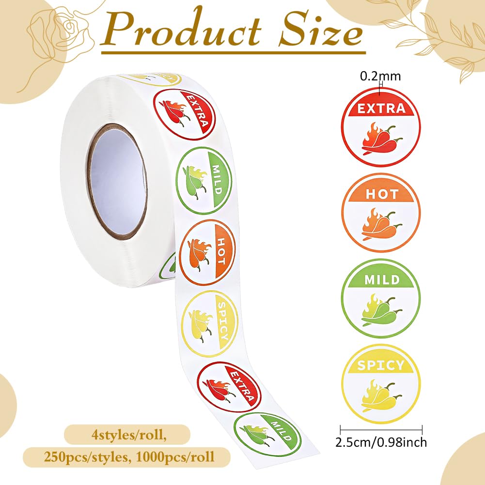 FINGERINSPIRE 1000 Pcs 4 Level Hot Spicy Stickers Round 1inch Self Adhesive Labels Paper Spicy Indicator Stickers for Restaurant Grocery Store, Pepper Warning for Chili Lovers