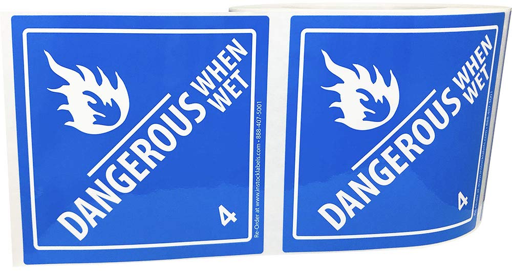 Laminated Dangerous When Wet Hazard Class 4 D.O.T. labels, 4x4 inch, on a roll, with bold warning text and bright colors.