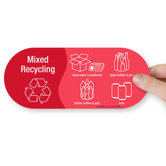 SmartSign (Pack of 4) 3.75 x 9 inch “Mixed Recycling” Sticker Labels with Symbols, 5 mil Laminated Polyester with SuperStick Adhesive, Red and White, Made in USA 3.75" X 9"_mixed Recycling