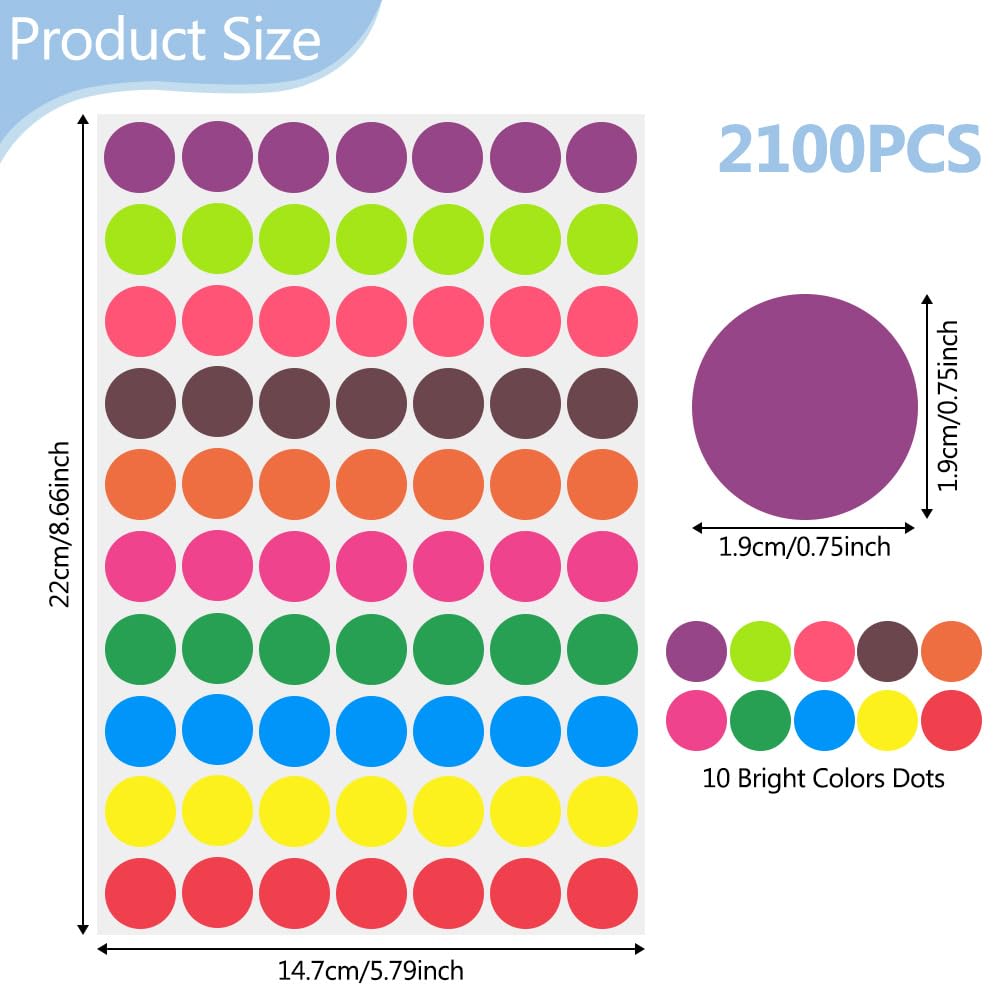 Dot Stickers, 2100 PCS Colored Dot Stickers, Round Color Coding Labels, 3/4" Circle Sticker Labels, 10 Colors Small Circle Dots Price Stickers for Toddlers, Classroom, Office, Student, Family, Papers B Style 2100pcs