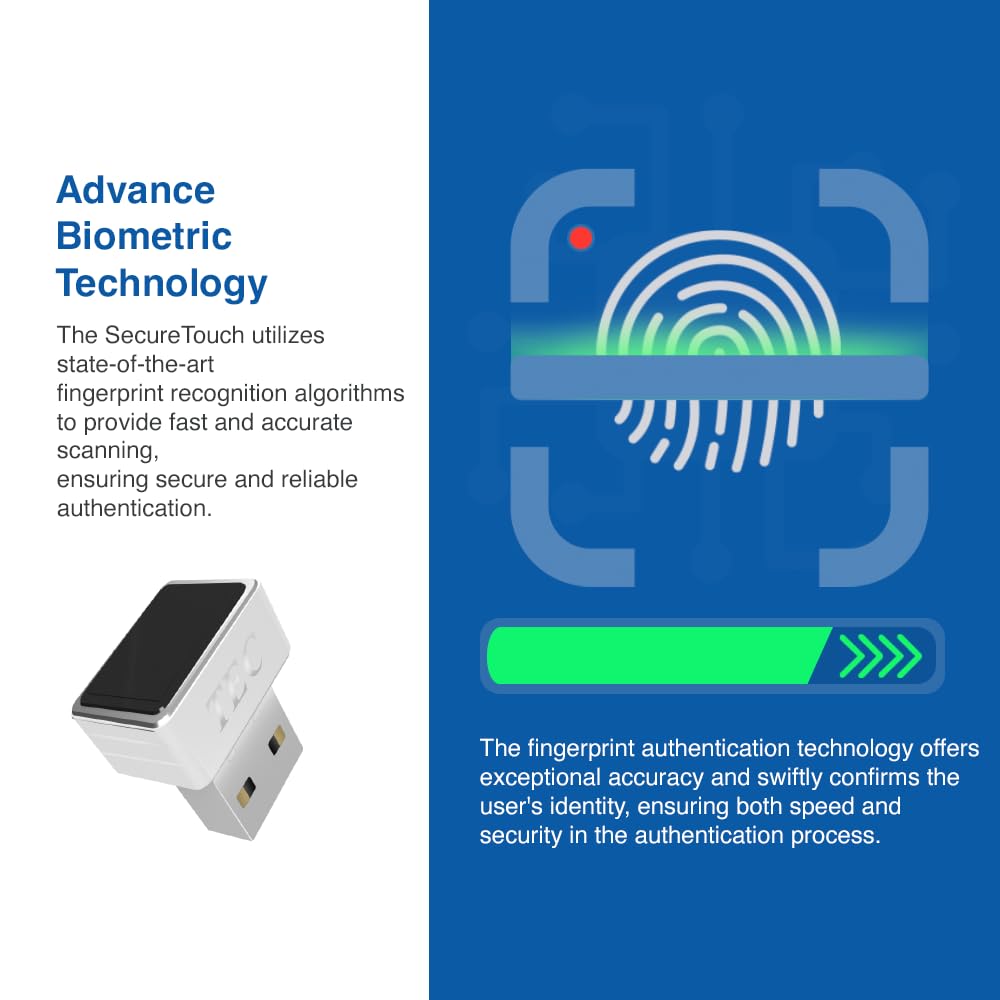 TEC SecureTouch TE-FPA4-MC USB Fingerprint Reader with ESS Enhanced Sign-in Security – Match-On-Chip Encryption, 360° Biometric Sensor, 0.23s Fast Login, Password-Free Windows Hello PC Sign-in