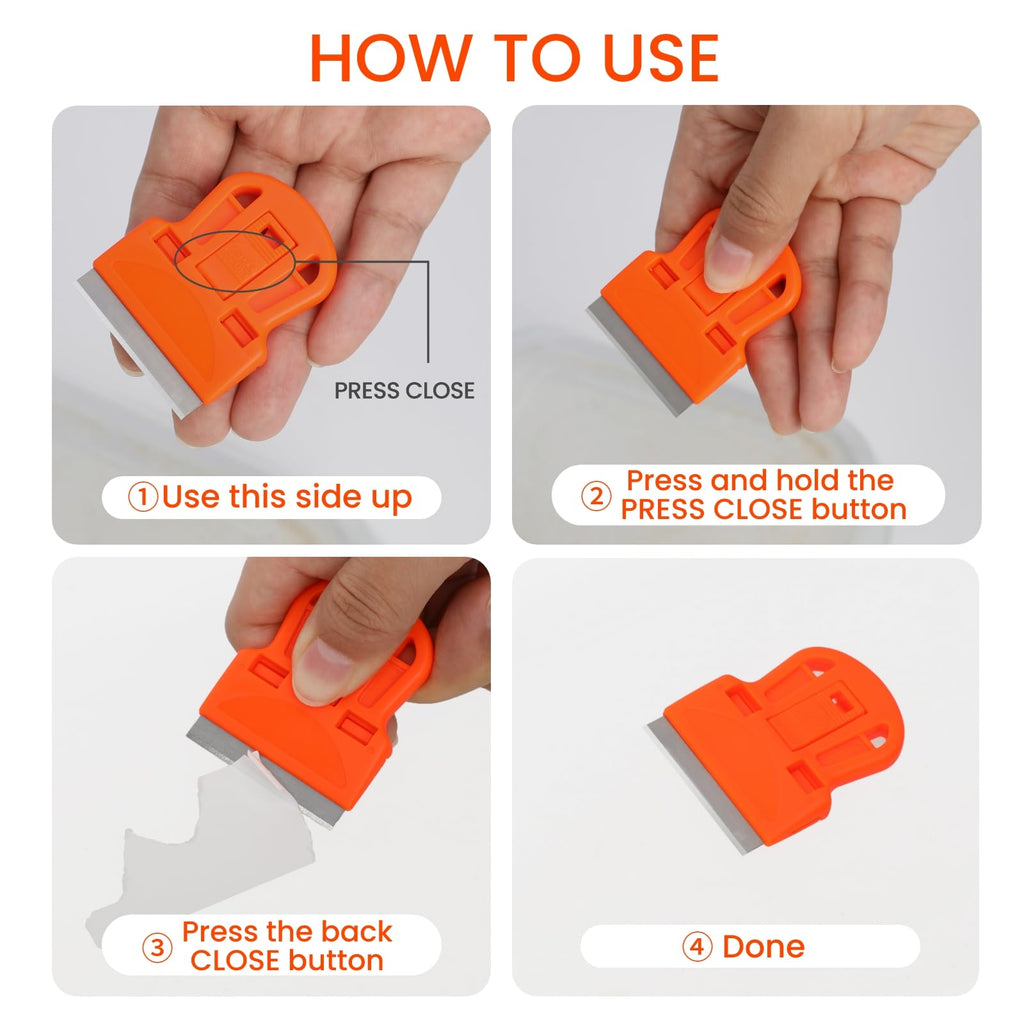 DEPOTA 2-pack plastic razor blade scraper with 10 plastic and 10 metal blades for removing labels, stickers, and adhesive from glass.