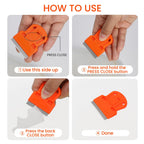 DEPOTA 2-pack plastic razor blade scraper with 10 plastic and 10 metal blades for removing labels, stickers, and adhesive from glass.