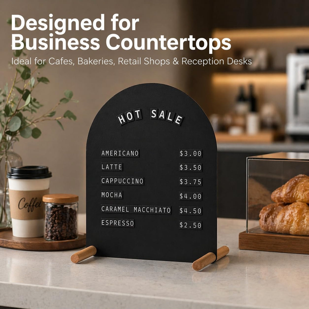 Tabletop Menu Display Stand with Magnetic Letters and Writable Board Matte Black Metal A5 Horizontal (11 × 6.7 in)
