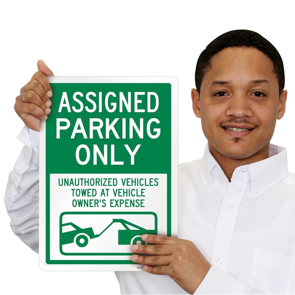 SmartSign 14 x 10 inch “Assigned Parking Only, Unauthorized Vehicles Towed” Metal Sign, 40 mil Laminated Rustproof Aluminium, White and Green, Made in USA 14x10 inches