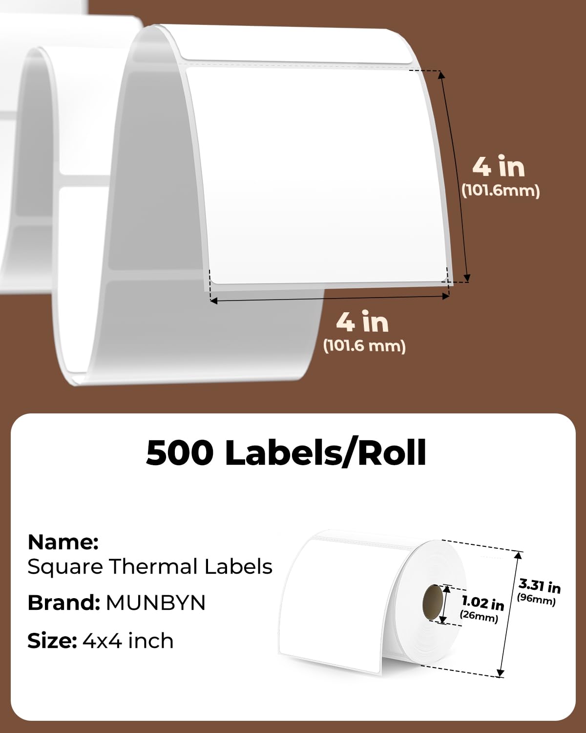 MUNBYN 4x4 Thermal Labels, 500 Sheets/Roll, White 4x4" 1
