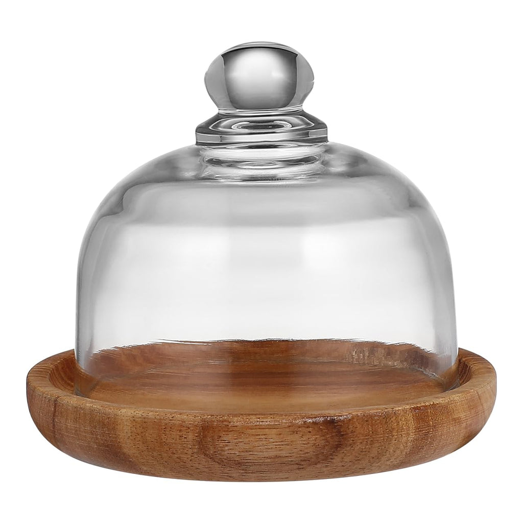 4.2 Inch Wooden Base Small Cake Display Stand with Glass Dome,Cloche Clear Glass Bell Jar Cover for Dessert Cheese Candy Plants Succulents