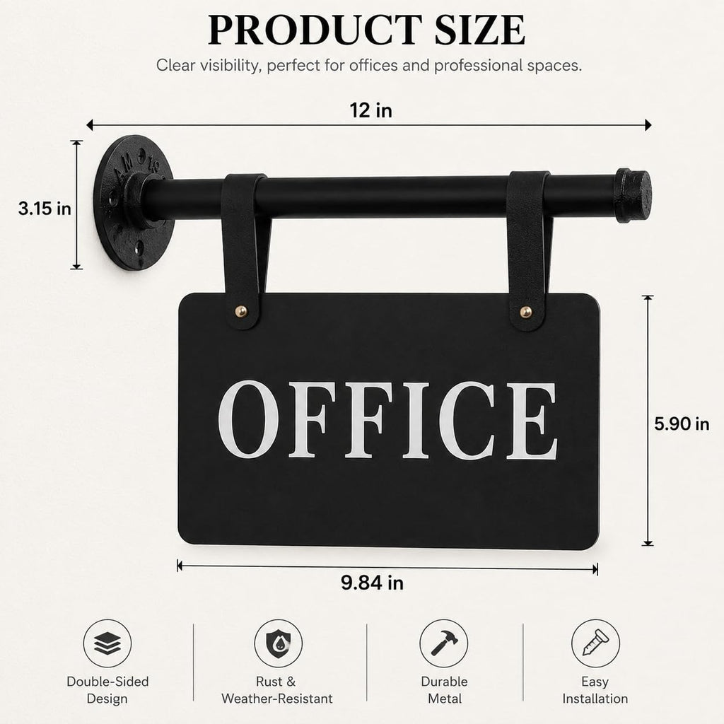 Double Sided Office Sign for Wall Decor with Black Hanging Bracket