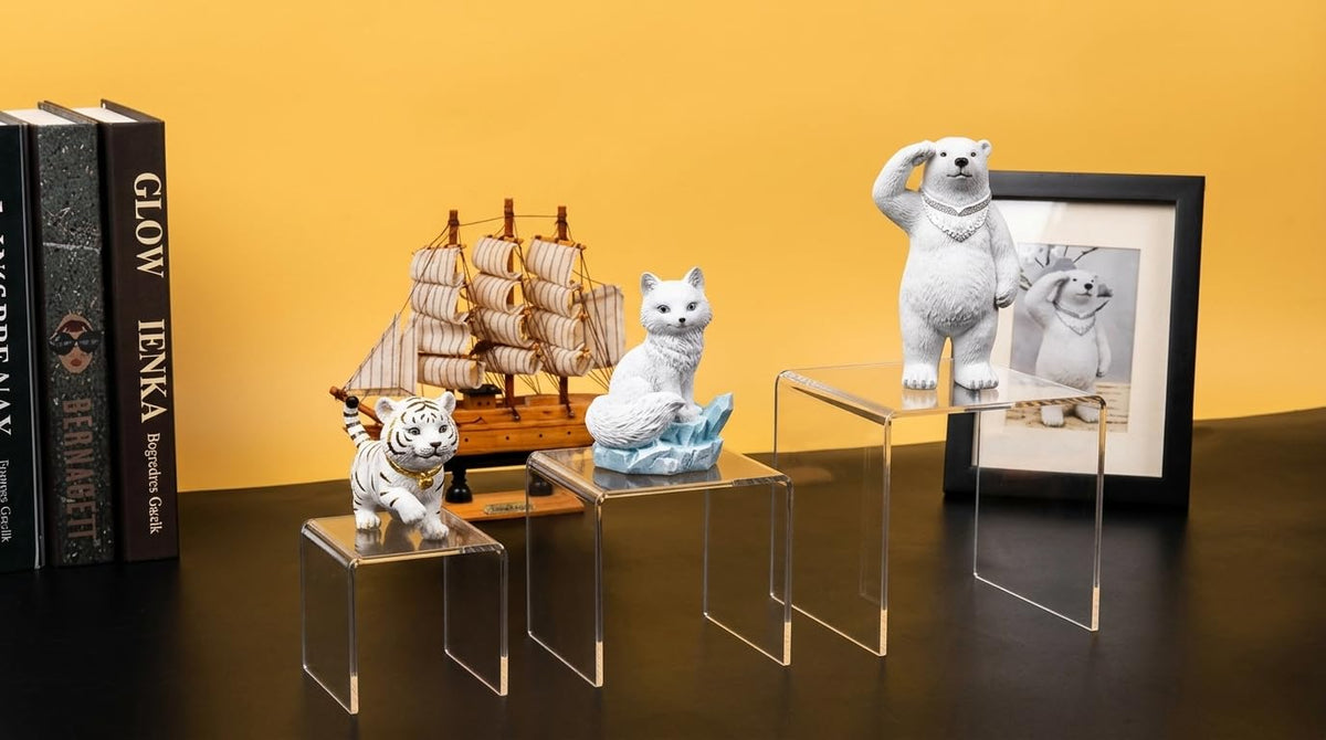 （6pack） Acrylic Display Riser Stand Set - Clear Stackable Showcase Shelves for Desserts, Jewelry, Toys & More - Multiple Sizes, Protective Film, Easy Clean Tiered Display for Kitchen