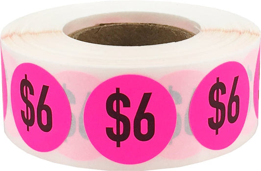 $6 Price Stickers Fluorescent Pink .75 Inch Round Circle Dots 500 Total Adhesive Stickers $6