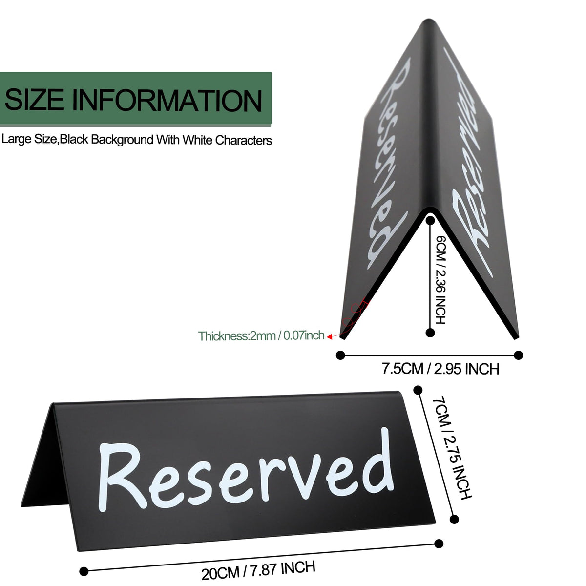 6 Pack Acrylic Reserved Table Signs for Wedding Party Restaurant - Double Sided Reserved Tent Sign for Tables Chairs - Wedding Accessories Guest Reservation Sign - 7.9 x 2.7 Inches - Black White Words Black Background