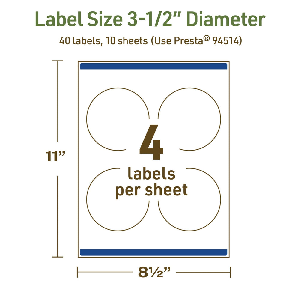 Avery Dissolvable Round Labels, Sure Feed Technology, 3.5" Diameter, Matte White, Print-to-The-Edge, Laser/Inkjet Printable, 40 Labels Total