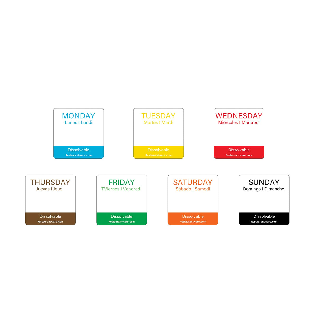 Restaurantware RW Smart 1 Inch x 1 Inch Food Rotation Labels 3500 Dissolvable Food Safety Labels - Premium Trilingual Paper Day Of The Week Labels For Food Storage Or Prep Weekly 7-Day