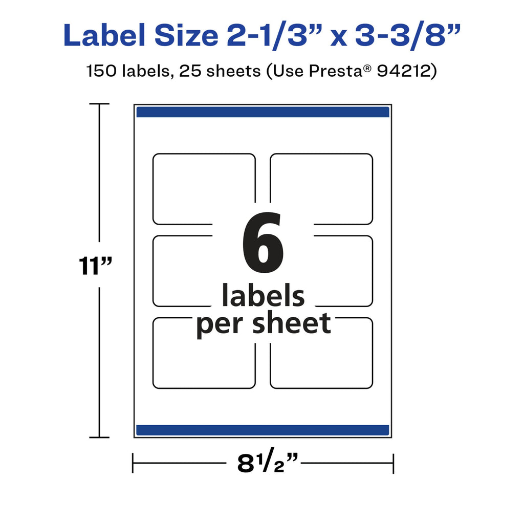 Avery® Glossy White Rectangle Labels, Sure Feed® Technology, 2-1/3" x 3-3/8", 150 Glossy White Labels, Print-to-The-Edge, Permanent Adhesive, Laser/Inkjet Printable 150 labels