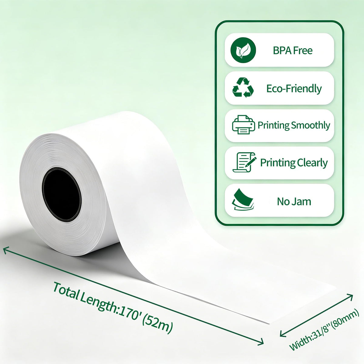 3 1/8" x 170' Sticky Thermal Paper, 6 Rolls, Linerless, BPA Free