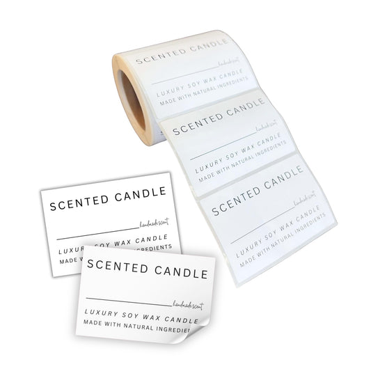 Handmade Poured Write in Scent Candles Minimalist Label Sticker and Warning Instructions | 2x3” 250 pc Roll Tags Wax Jar DIY for Selling