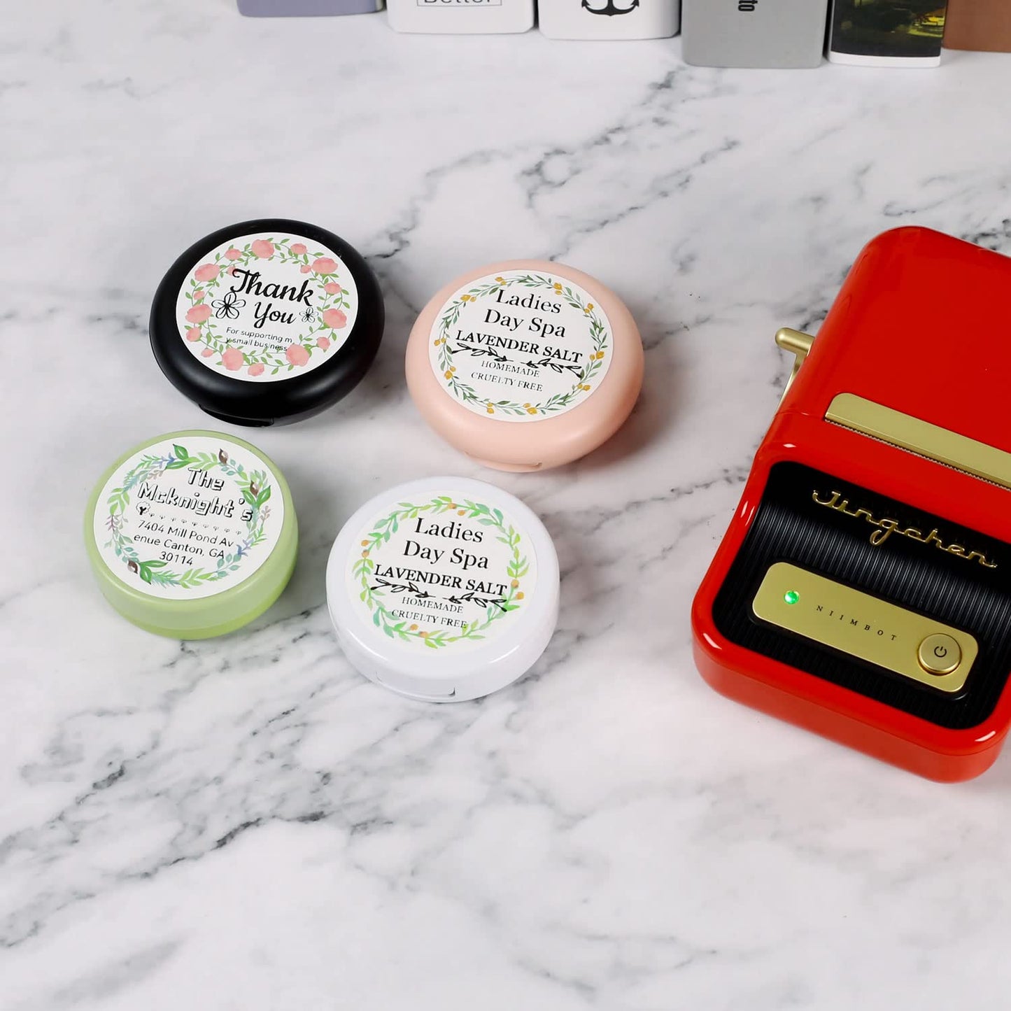 2 Rolls Multi-Purpose Round Address Wedding Waterproof Label Sticker for B1/B21/B3S Label Printer, Bottle Mason Jars Spice Food Container Kitchen organizing Storage 50x50mm,150 Label/Roll-Flower Frame Flower Frame Set