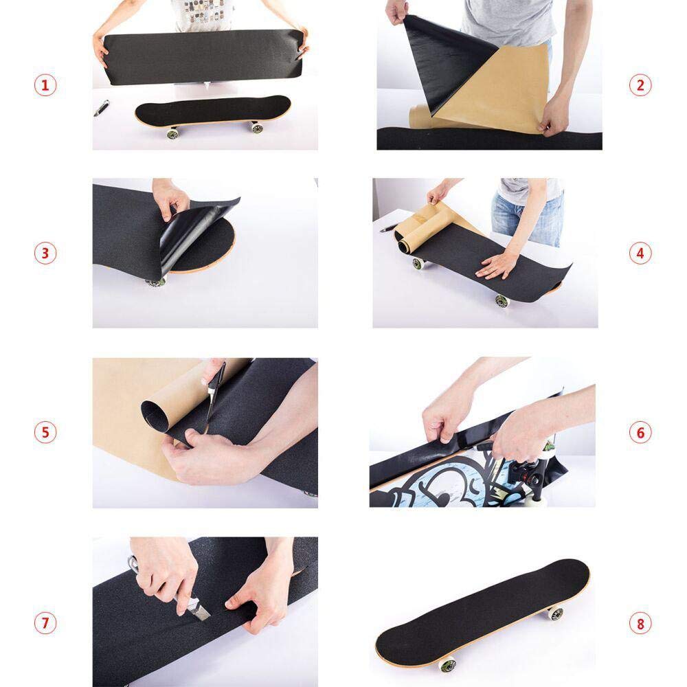 ZUEXT 10.6" x 49.2" Black Skateboard Grip Tape Sheet, 80 Grit Bubble Free Waterproof Scooter Grip Tape, Anti Slip Longboard Griptape, Sandpaper for Rollerboard Stairs Pedal Wheelchair Steps (125x27cm)