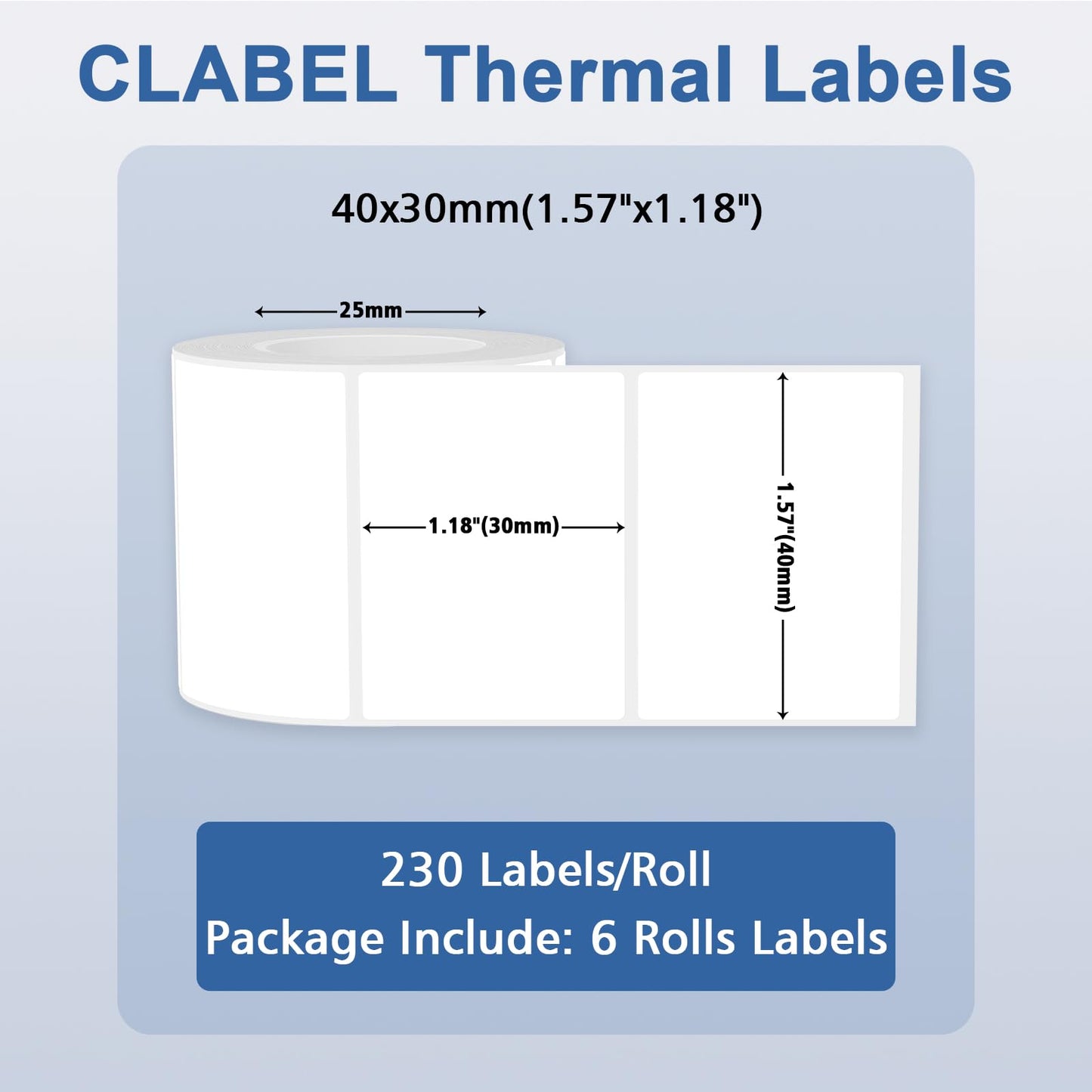 Clabel 1.57"x1.18" Thermal Sticker Label Paper, Compatible with 221D 321D Label Printer, Self-Adhensive Thermal Labels for Address, Logo, Shipping, Barcodes,QR Code (230 Labels/Roll,6 Rolls) 40*30