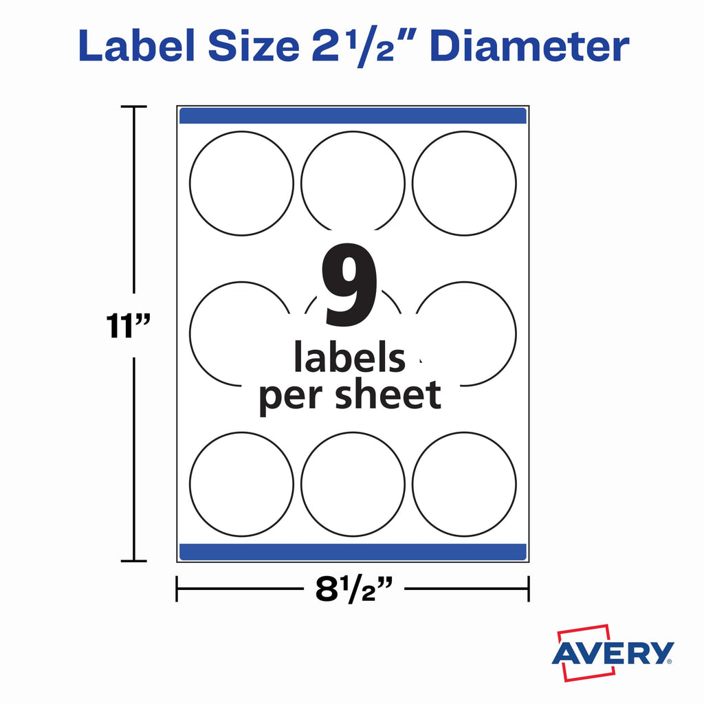 Avery® Printable Labels with Sure Feed®, 22562, Round, 2.5" Diameter, Matte White, 225 Customizable Labels