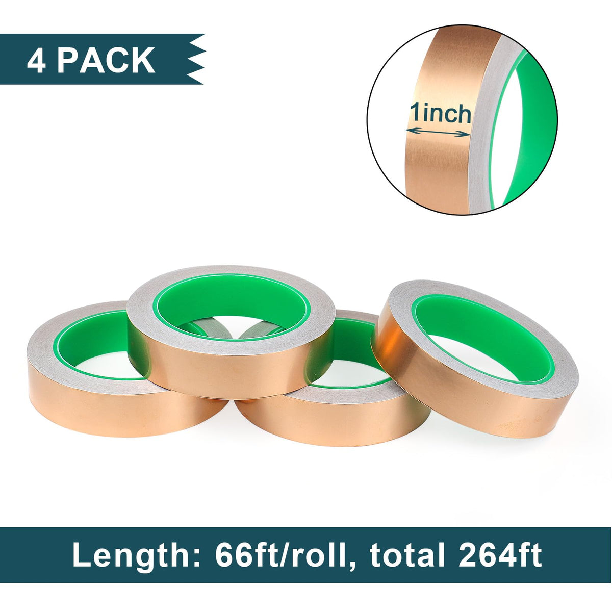 BOMEI PACK Copper Foil Tape 4 Pack 1.97mil x 1inch x 66ft with Conductive Adhesive for Guitar and Crafts, Soldering, Stained Glass, Electrical Repairs, Grounding 4 Pack, 1 Inch X 66 Ft