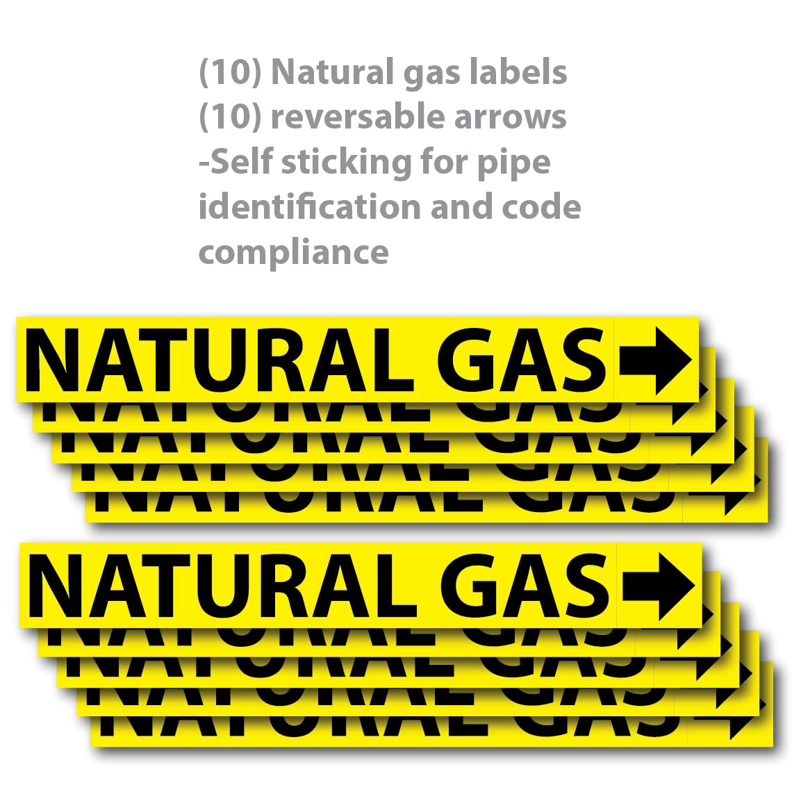 (10 Pack) Natural Gas Pipe Labels Stickers With Arrows, 1 x 8 Inch Self Sticking 6mil PVC Natural Gas Pipe Markers for Pipes, Inspections, Detector, Regulator and Heaters