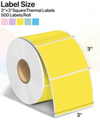 3"x3" Square Thermal Labels Stickers, Yellow, 500 Sheets/Roll