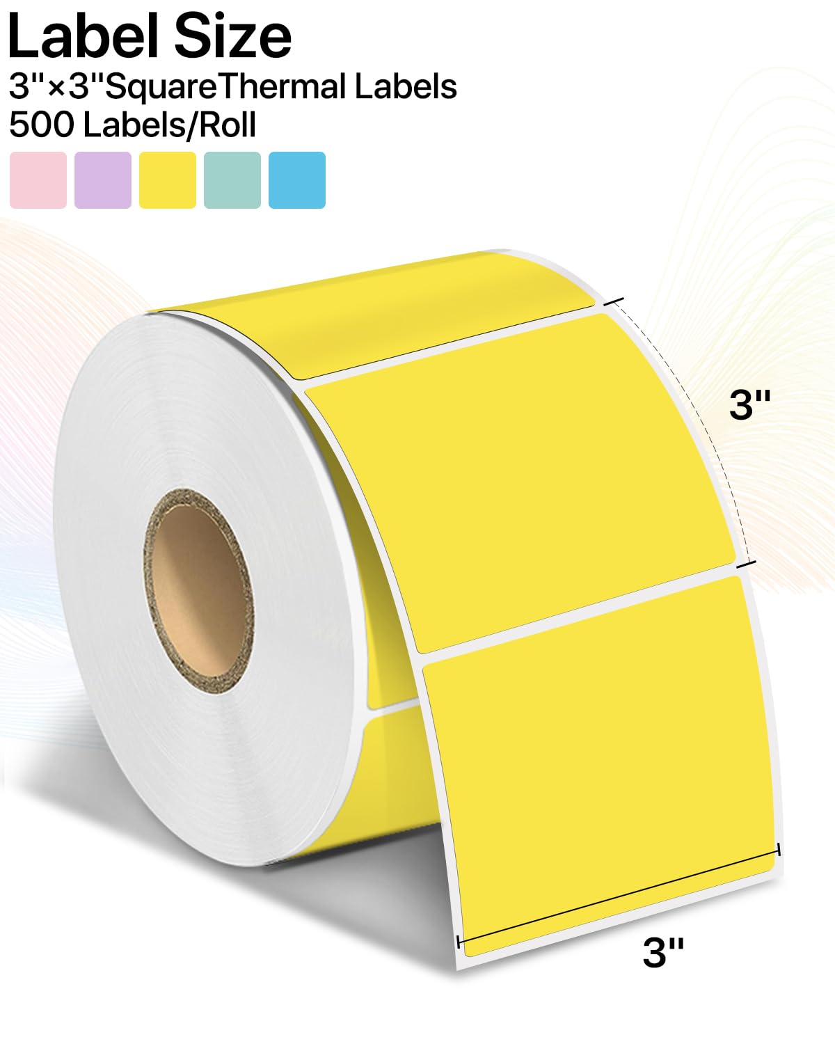 3"x3" Square Thermal Labels Stickers, Yellow, 500 Sheets/Roll