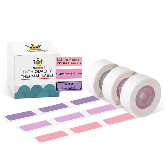 D30 Label Maker Tape - Compatible with Memoking/Phomemo D30 Label Printer Machine, 12x30mm Waterproof Thermal Printer Labels, Purple/Rose Red/Pink Sticker Machine Label, 3 Rolls