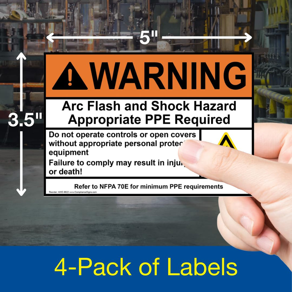 ComplianceSigns WARNING Arc Flash Shock Hazard Stickers, Appropriate PPE ANSI NFPA 70E Label Decal, 5x3.5 inch 4-Pack Vinyl for Electrical, American Made Safety Signs for the Workplace