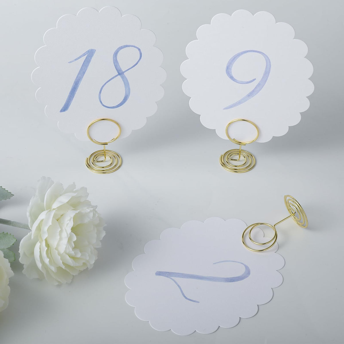 Wedding Table Numbers 1-20 for Wedding Reception with Gold Holders Scalloped Blue