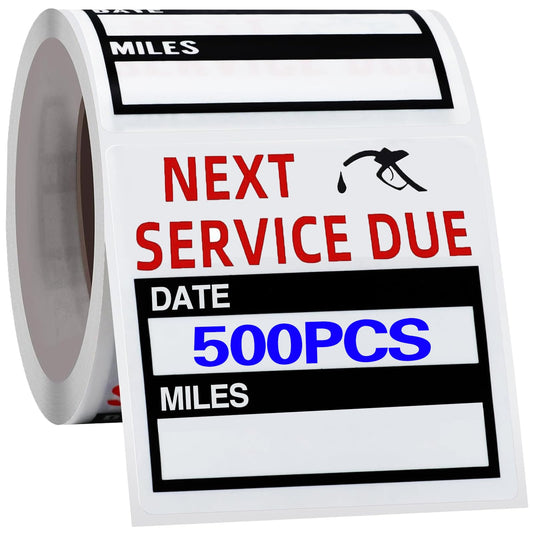 500pcs Oil Change Auto Maintenance Service Due Reminder Stickers Labels 500pcs/Roll Stickers，Easy-Peel with No Residue, Easy to Write On，2x2 Inch, Black