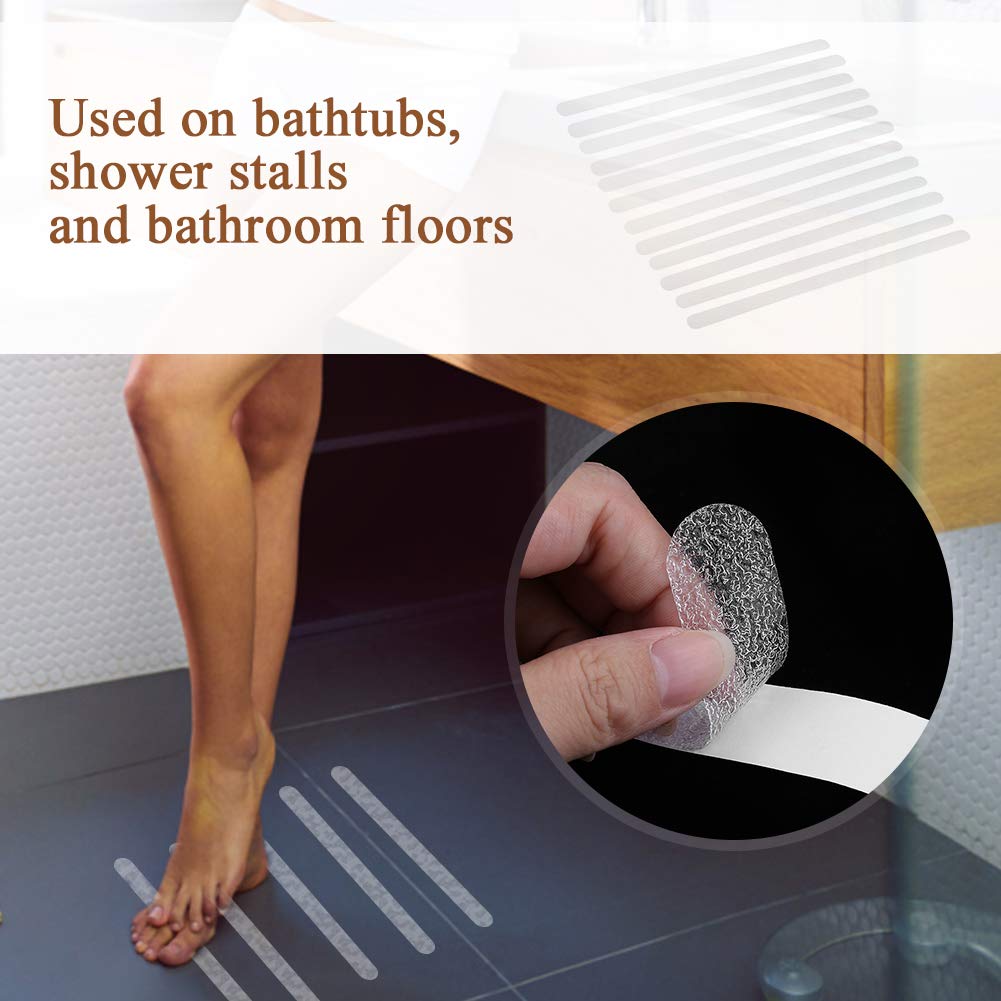 Anti Slip Floor Tape, 12 Strips Adhesive Non Skid Grip Treads Transparent Gritty Textured Bathroom Stairs Safety for Seniors